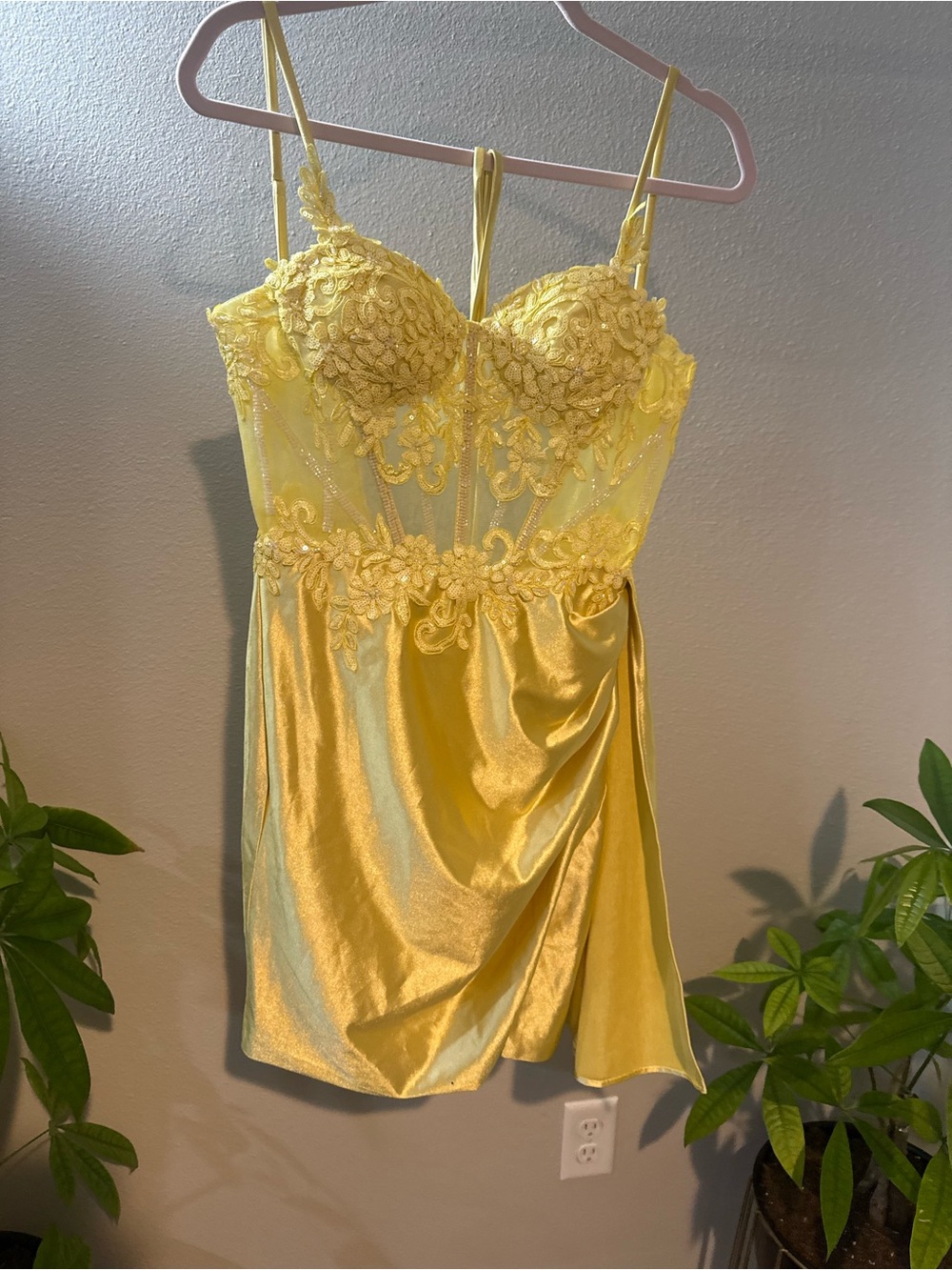 Yellow Satin Lace Corset Dress Mini Bustier Floral Embroidered